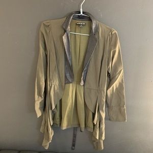 Olive green & Faux Leather asymmetrical lightweight jacket